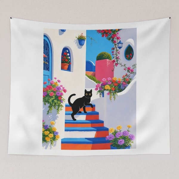 Item preview, Santorini Black Cat Silhouette on Colorful Floral Stairs designed and sold by PurrfectHome.