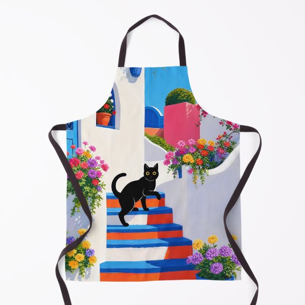 Item preview, Santorini Black Cat Silhouette on Colorful Floral Stairs designed and sold by PurrfectHome.