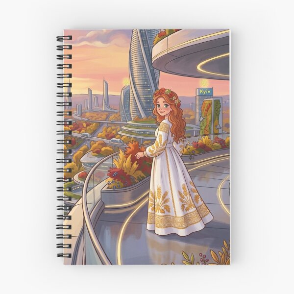 Item preview, Futuristic Kyiv Autumn Landscape Ukrainian Girl in Vyshyvanka Art designed and sold by ElenMart.