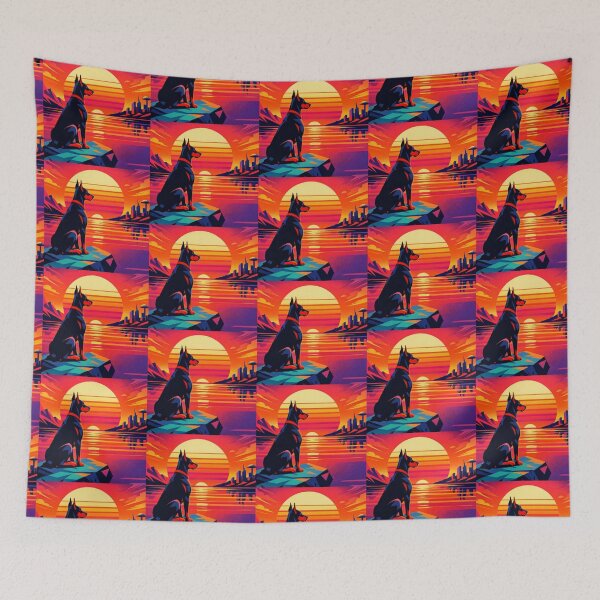 Item preview, Surreal Doberman Futuristic Sunset Cityscape Illustration designed and sold by Dogandesighn.
