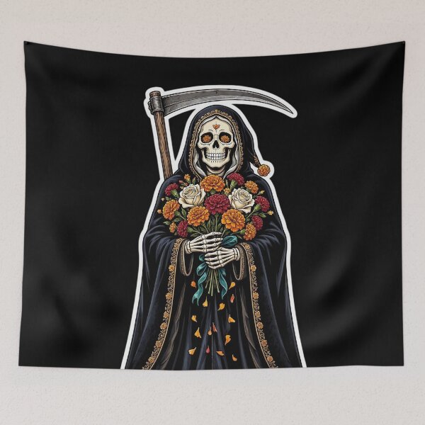 Item preview, Santa Muerte with Scythe, Marigold and Rose Flowers designed and sold by SweetLilith.