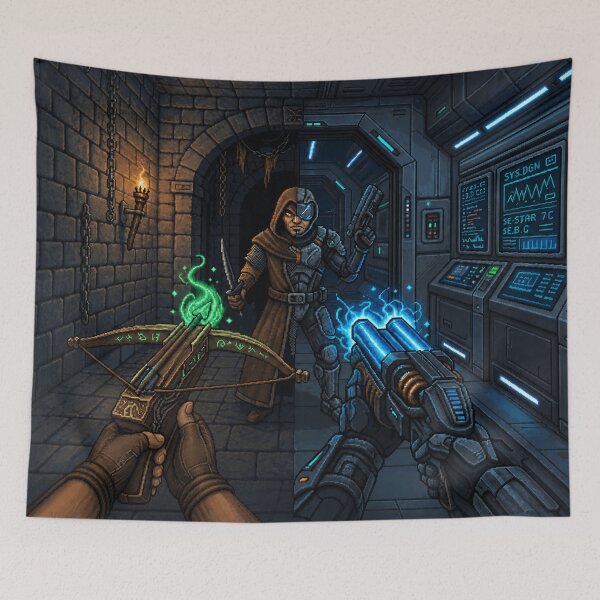 Item preview, Medieval vs Sci-Fi | Parallel Worlds | Faux Retro FPS Screenshot | Pixel Art designed and sold by GRAIL-PIXXAILL.