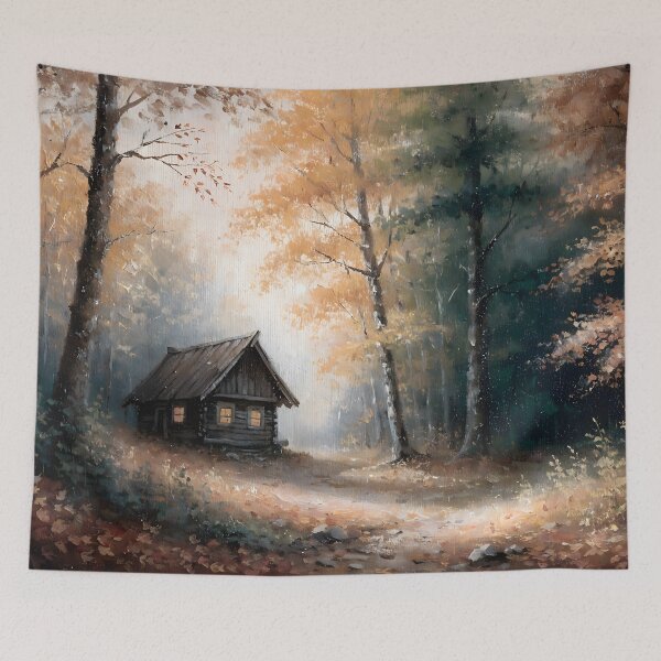Item preview, Cozy Autumn Cabin Warm Forest Painting designed and sold by ArtAmbience.