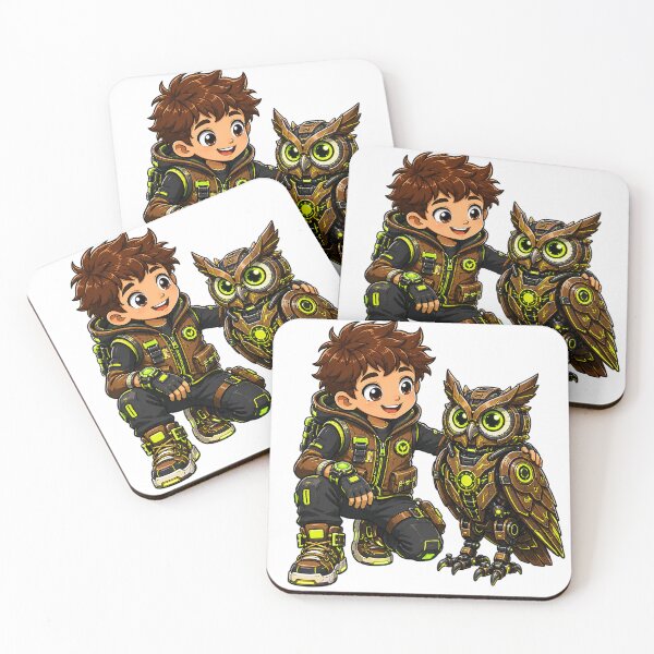 Item preview, Cute Chibi Boy and Futuristic Mechanical Owl Illustration designed and sold by Nubian Style.