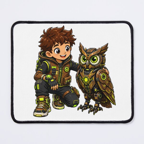 Item preview, Cute Chibi Boy and Futuristic Mechanical Owl Illustration designed and sold by Nubian Style.