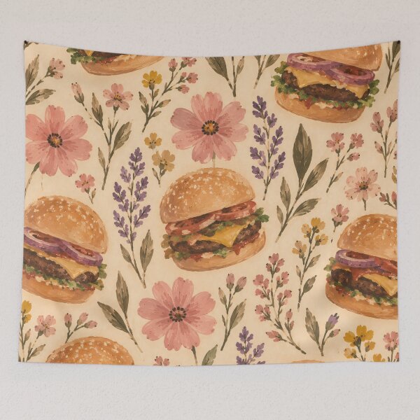 Item preview, Cheeseburger Floral Pattern Whimsical Watercolour Illustration designed and sold by Jozefin's Studio.