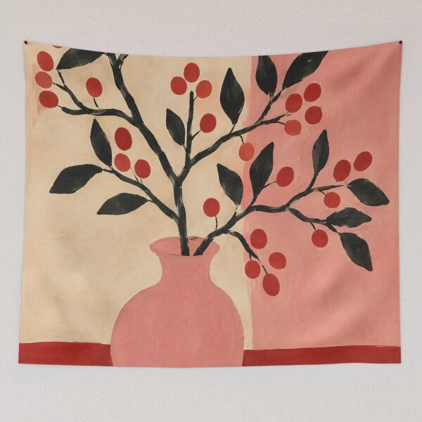 Item preview, Red Berry Branch Folk Art Painting Pink Vase designed and sold by Jozefin's Studio.