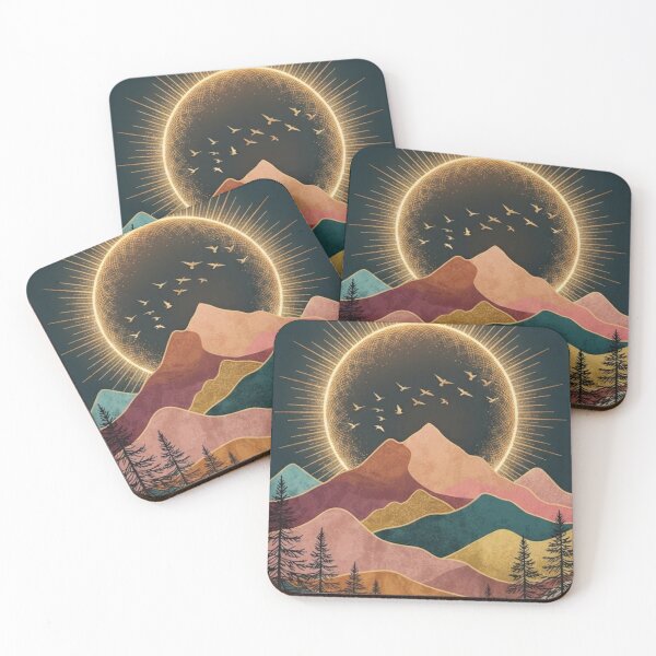 Item preview, Retro Mountain Landscape With Golden Sun And Pine Trees Wall Art designed and sold by MonaRose_Art.