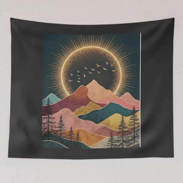 Item preview, Retro Mountain Landscape With Golden Sun And Pine Trees Wall Art designed and sold by MonaRose_Art.
