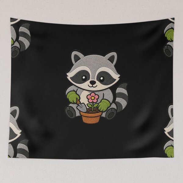 Item preview, Cute Raccoon Gardening Kawaii Embroidery Patch designed and sold by ColorSplash123.