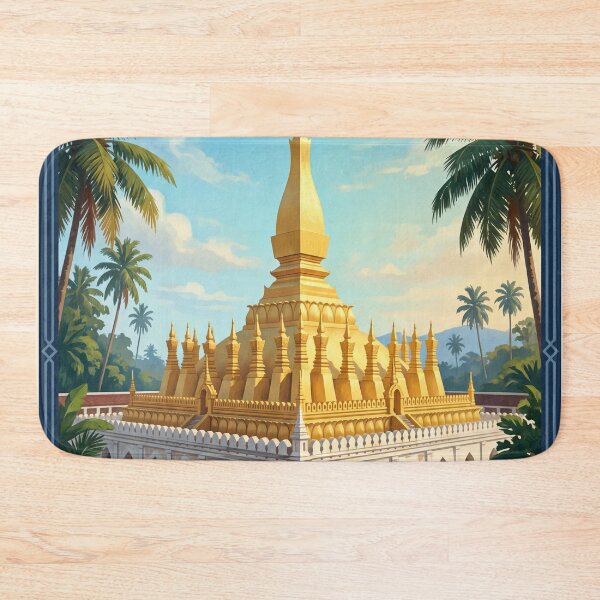 Item preview, Vientiane Laos Vintage Travel Art – Pha That Luang & Mekong Riverside designed and sold by Bomax121.