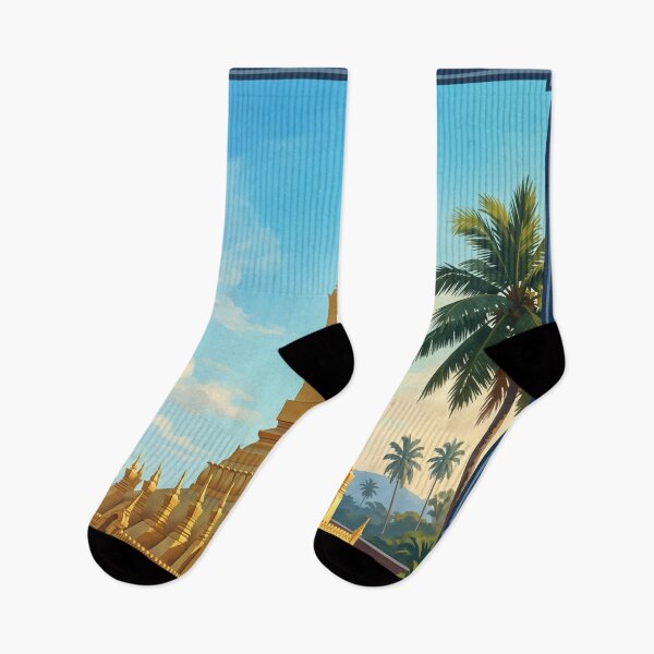 Item preview, Vientiane Laos Vintage Travel Art – Pha That Luang & Mekong Riverside designed and sold by Bomax121.