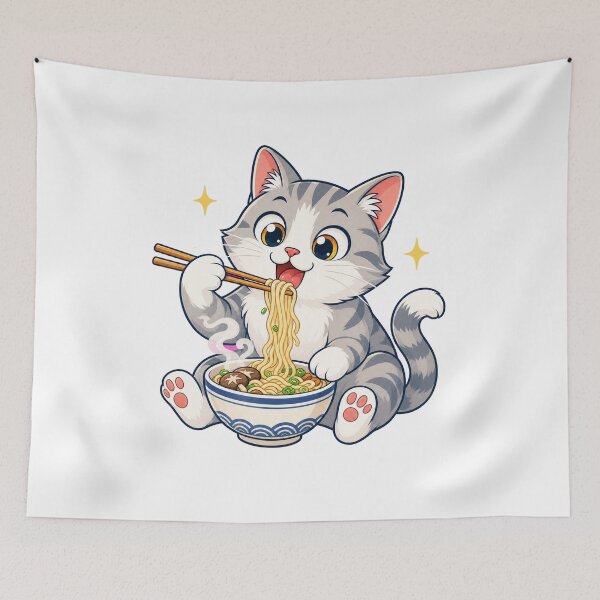 Item preview, Cute Cat Eating Noodles With Chopsticks — Light Version designed and sold by TheOddPrints.