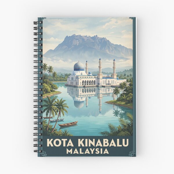 Item preview, Kota Kinabalu Malaysia Vintage Travel Art – Mount Kinabalu & Waterfront City designed and sold by Bomax121.