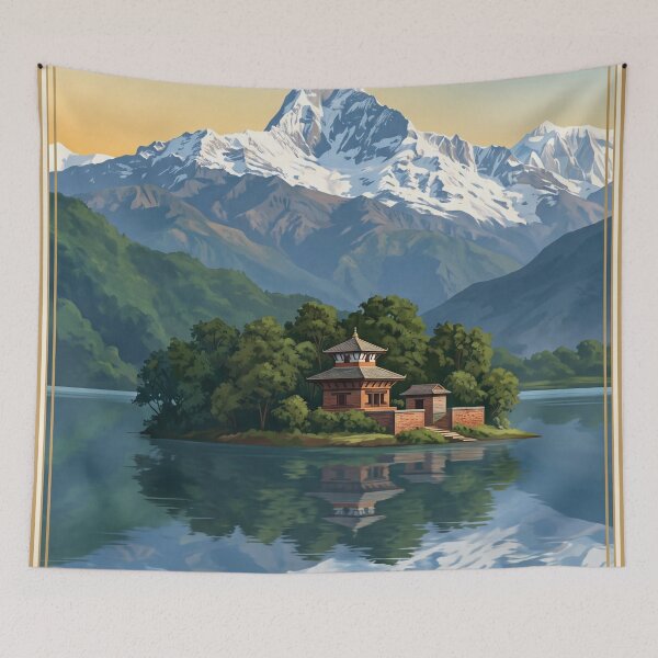 Item preview, Pokhara Nepal Vintage Travel Art – Phewa Lake & Annapurna Range designed and sold by Bomax121.