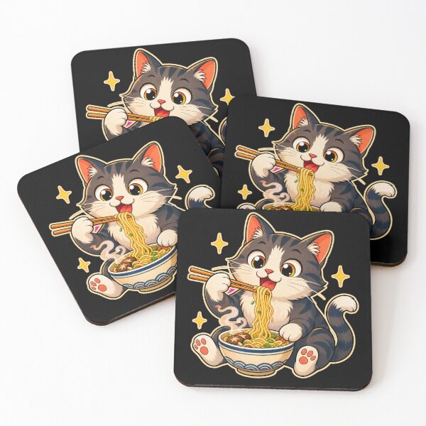 Item preview, Cute Cat Eating Noodles With Chopsticks — Dark Edition designed and sold by TheOddPrints.