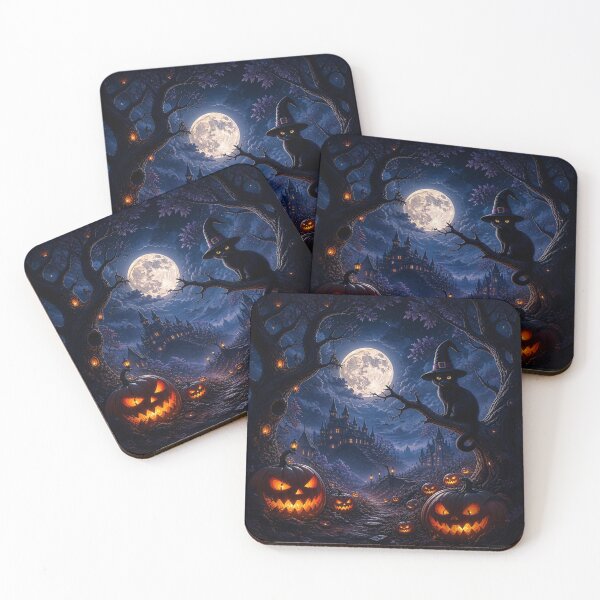 Item preview, Upiorny kot na Halloween i nawiedzony zamek z potwornymi dyniami designed and sold by DarcPop.