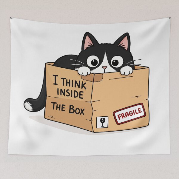 Item preview, I Think Inside The Box Funny Tuxedo Cat Cardboard Box Graphic Art designed and sold by The Upside Down.