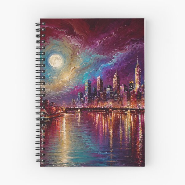 Item preview, Celestial Metropolis – Crimson & Violet Moonlit Cityscape designed and sold by Joey Santiago.