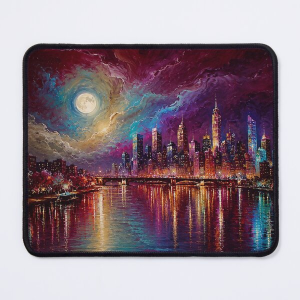 Item preview, Celestial Metropolis – Crimson & Violet Moonlit Cityscape designed and sold by Joey Santiago.