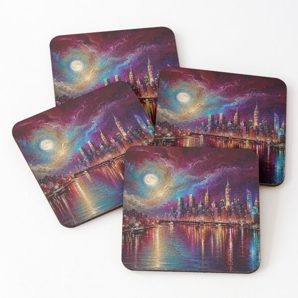 Item preview, Celestial Metropolis – Crimson & Violet Moonlit Cityscape designed and sold by Joey Santiago.
