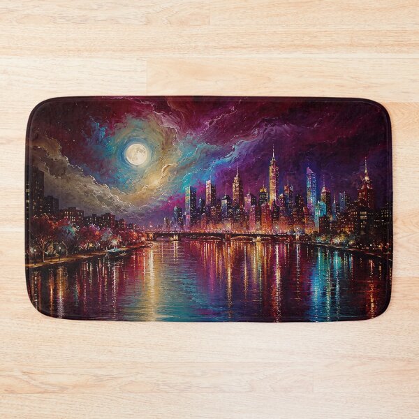 Item preview, Celestial Metropolis – Crimson & Violet Moonlit Cityscape designed and sold by Joey Santiago.