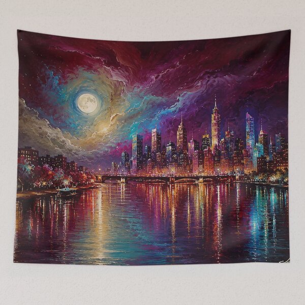 Item preview, Celestial Metropolis – Crimson & Violet Moonlit Cityscape designed and sold by Joey Santiago.