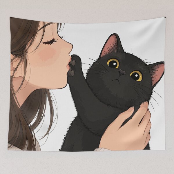 Item preview, Anime Girl Kissing Black Cat Cute Void Kitty Paw Aesthetic Graphic Art designed and sold by The Upside Down.