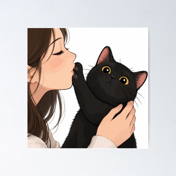 Item preview, Anime Girl Kissing Black Cat Cute Void Kitty Paw Aesthetic Graphic Art designed and sold by The Upside Down.