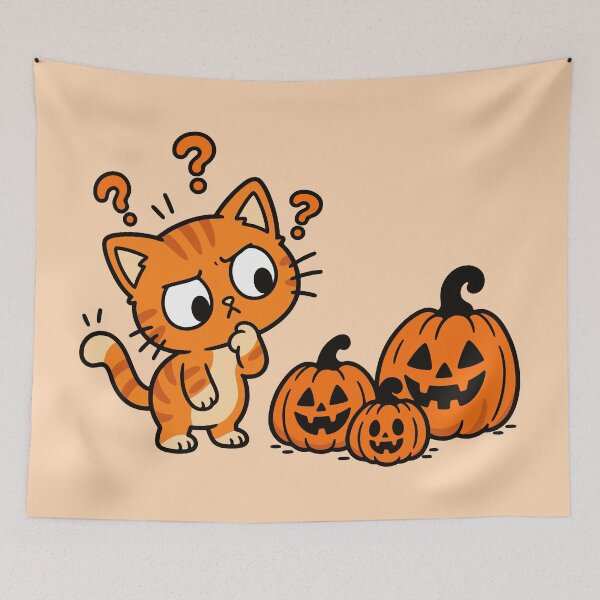 Item preview, Confused Orange Cat with Halloween Pumpkins designed and sold by MewMade.