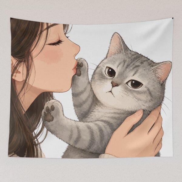 Item preview, Anime Girl Kissing Grey Tabby Cat Cute Kitten Paw Aesthetic Graphic Art designed and sold by The Upside Down.