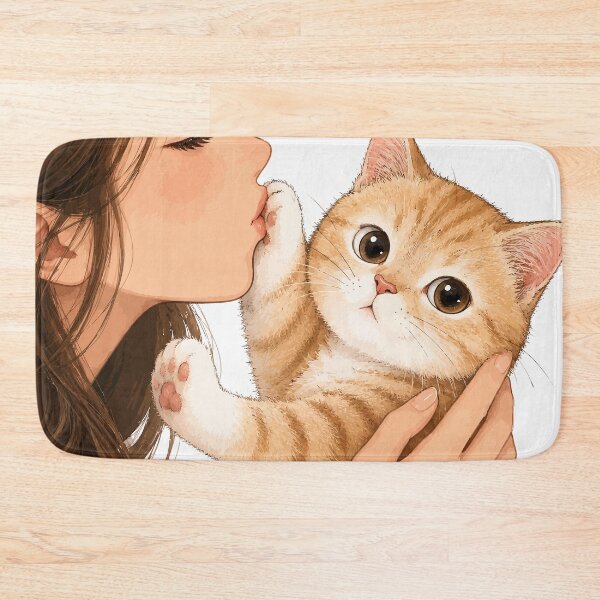 Item preview, Anime Girl Kissing Orange Tabby Cat Cute Ginger Kitten Paw Aesthetic Graphic Art designed and sold by The Upside Down.