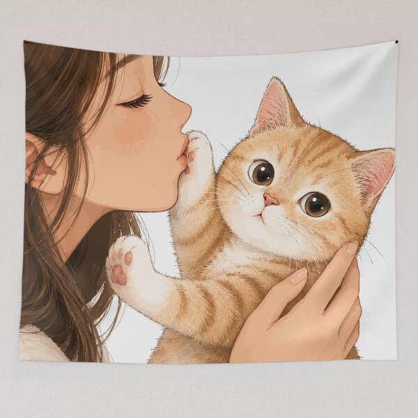 Item preview, Anime Girl Kissing Orange Tabby Cat Cute Ginger Kitten Paw Aesthetic Graphic Art designed and sold by The Upside Down.