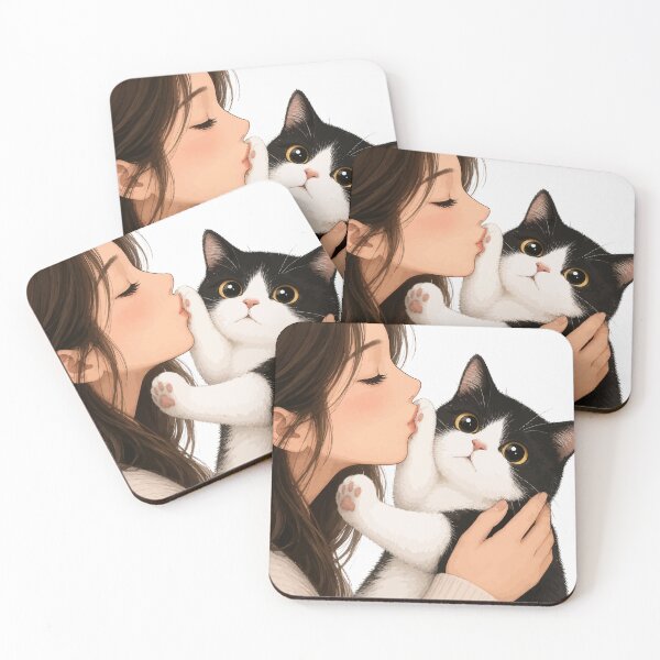 Item preview, Anime Girl Kissing Tuxedo Cat Cute Black and White Kitten Paw Graphic Art designed and sold by The Upside Down.