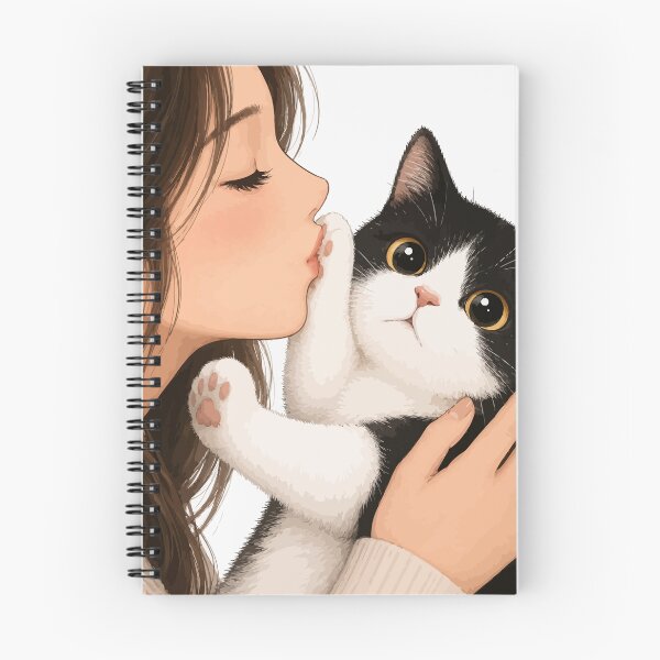 Item preview, Anime Girl Kissing Tuxedo Cat Cute Black and White Kitten Paw Graphic Art designed and sold by The Upside Down.