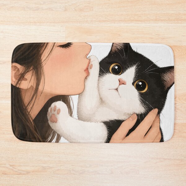 Item preview, Anime Girl Kissing Tuxedo Cat Cute Black and White Kitten Paw Graphic Art designed and sold by The Upside Down.