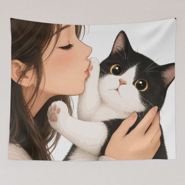 Item preview, Anime Girl Kissing Tuxedo Cat Cute Black and White Kitten Paw Graphic Art designed and sold by The Upside Down.