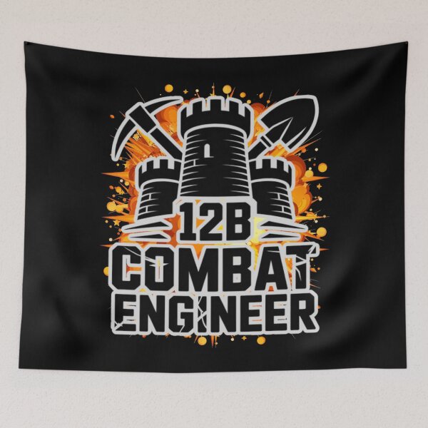 Item preview, 12B Combat Engineer — Classic Castle Tower Emblem with Shovel and Pickaxe U.S. Army MOS Graphic White Outline Explosion designed and sold by GFamilyC.