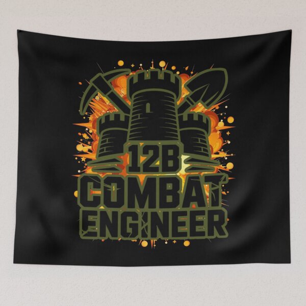 Item preview, 12B Combat Engineer — Classic Castle Tower Emblem with Shovel and Pickaxe U.S. Army MOS Graphic Green Outline Explosion designed and sold by GFamilyC.