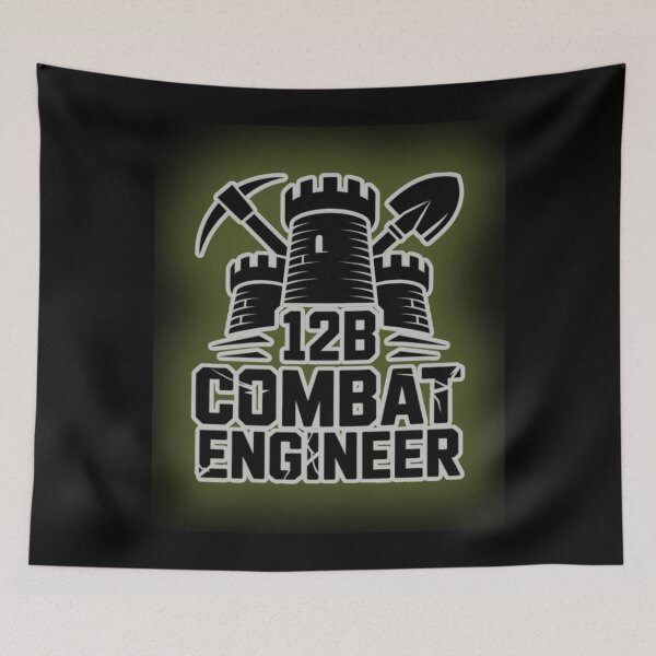 Item preview, 12B Combat Engineer — Classic Castle Tower Emblem with Shovel and Pickaxe U.S. Army MOS Graphic Green Glow White Outline designed and sold by GFamilyC.