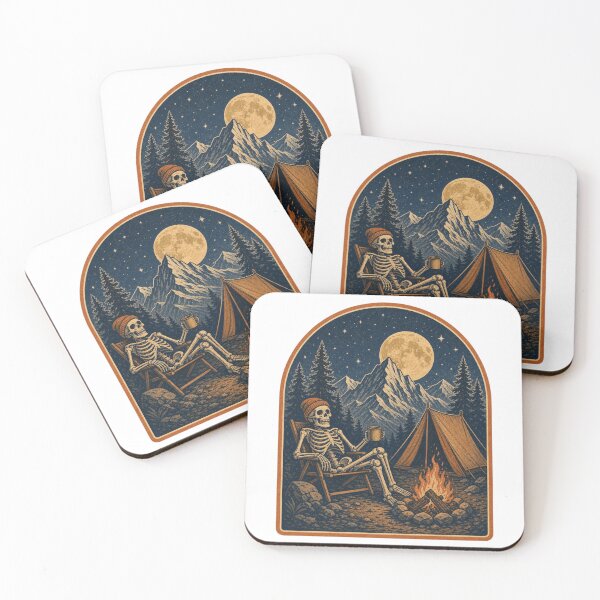 Item preview, Skeleton Camping Campfire Mountain Moon Arch Badge designed and sold by Retro Surf & Roam.