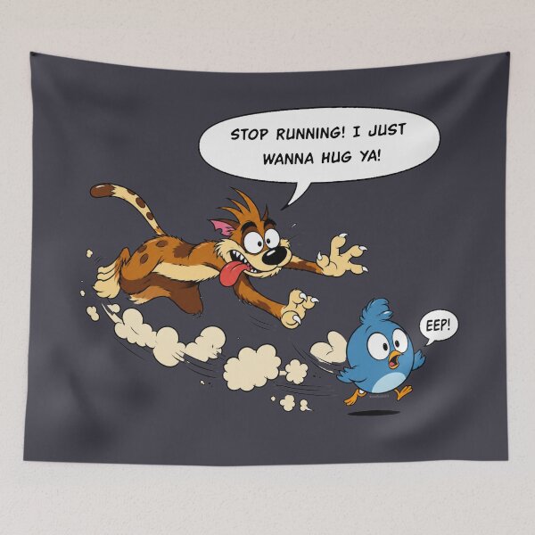 Item preview, Stop Running! I Just Wanna Hug Ya! – Funny Cartoon Cat Chasing Bird designed and sold by MischiefFoundry.