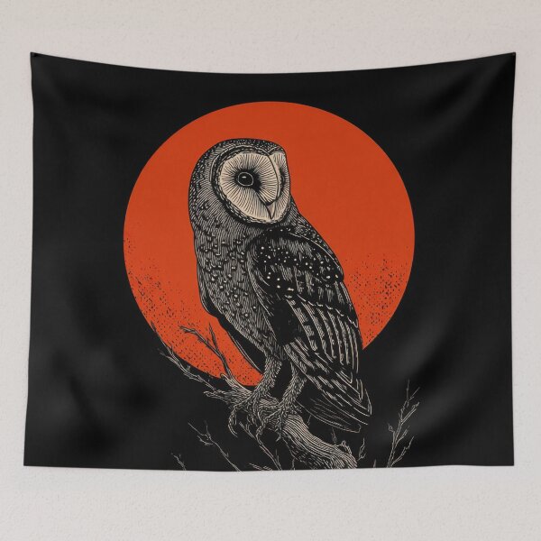Item preview, Owl sits on branch with red moon designed and sold by anytka.