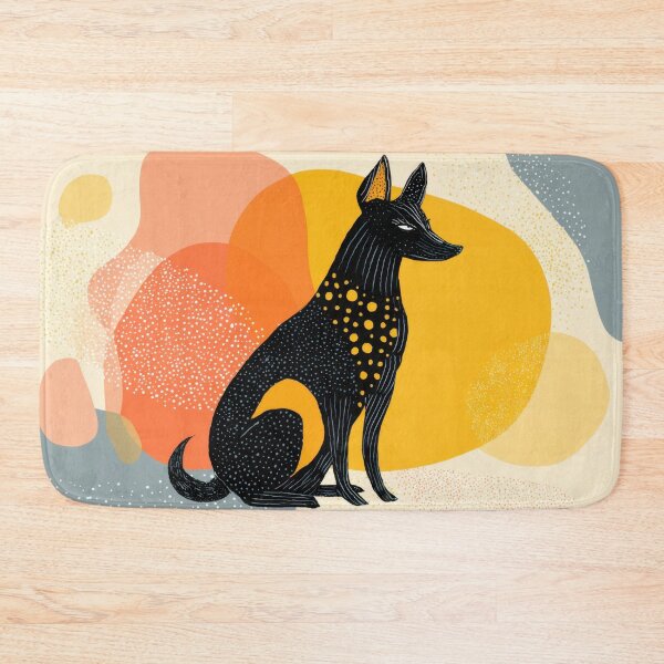 Item preview, Black dog sits against bright shapes designed and sold by anytka.