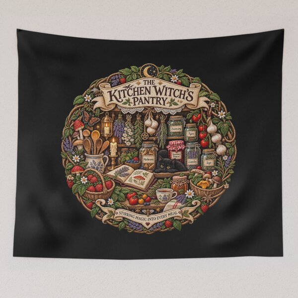 Item preview, Kitchen Witch Embroidery – Magical Pantry, Herbs, Mushrooms & Black Cat designed and sold by Emoji Emblems.
