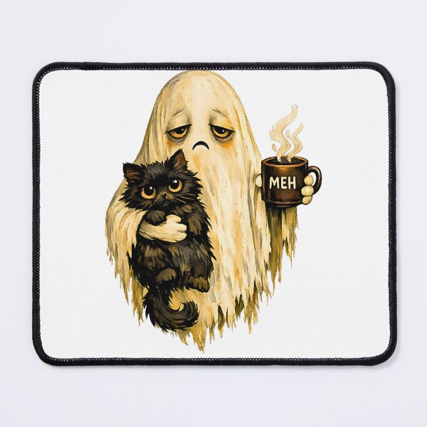 Item preview, Tired Ghost With Black Cat Coffee Meh Funny Introvert Halloween designed and sold by Rahamkshop.