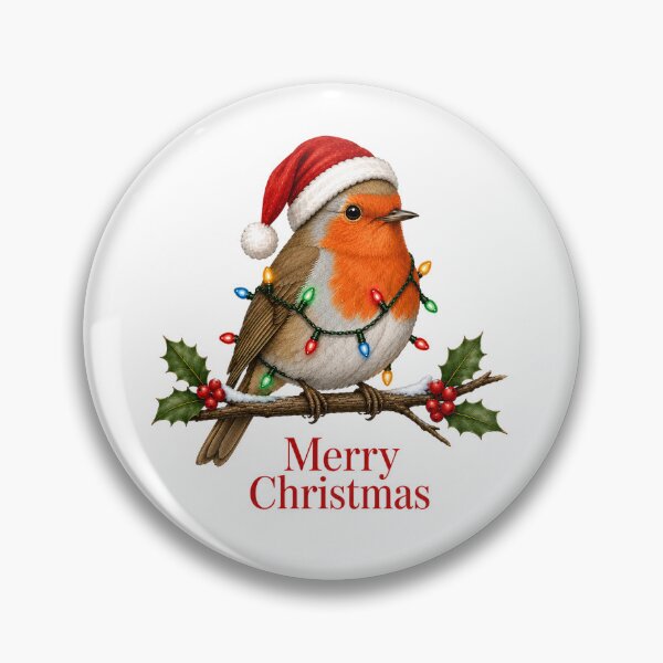 Item preview, Robin Christmas – Merry Christmas Bird with Santa Hat, Holly & Lights designed and sold by SVALANART.
