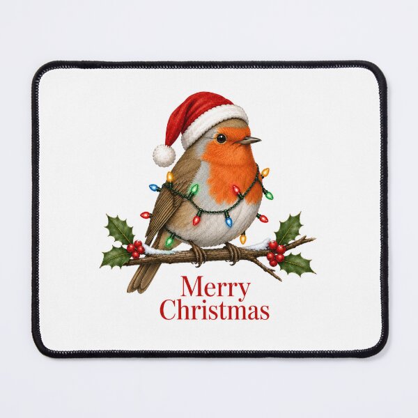 Item preview, Robin Christmas – Merry Christmas Bird with Santa Hat, Holly & Lights designed and sold by SVALANART.
