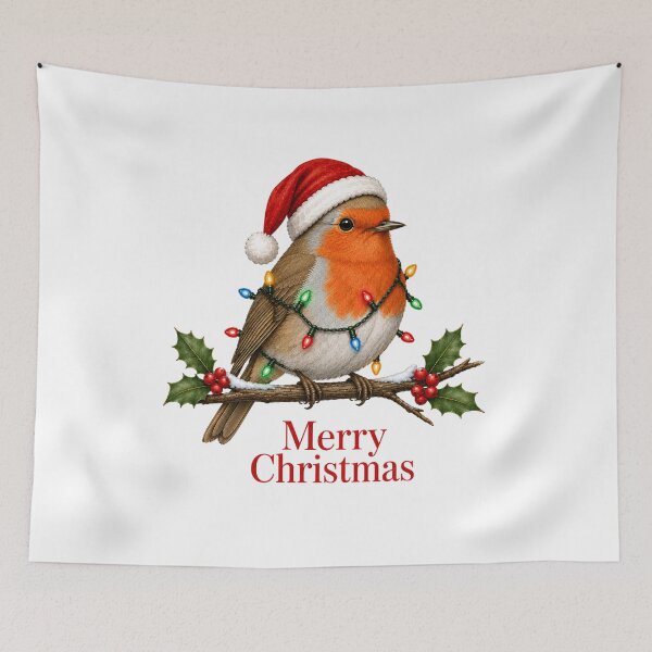 Item preview, Robin Christmas – Merry Christmas Bird with Santa Hat, Holly & Lights designed and sold by SVALANART.