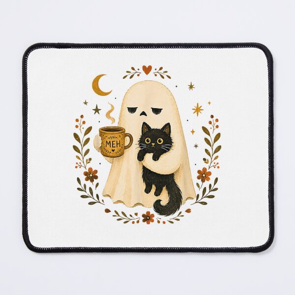 Item preview, Tired Ghost With Black Cat Coffee Meh Funny Introvert Halloween designed and sold by Rahamkshop.